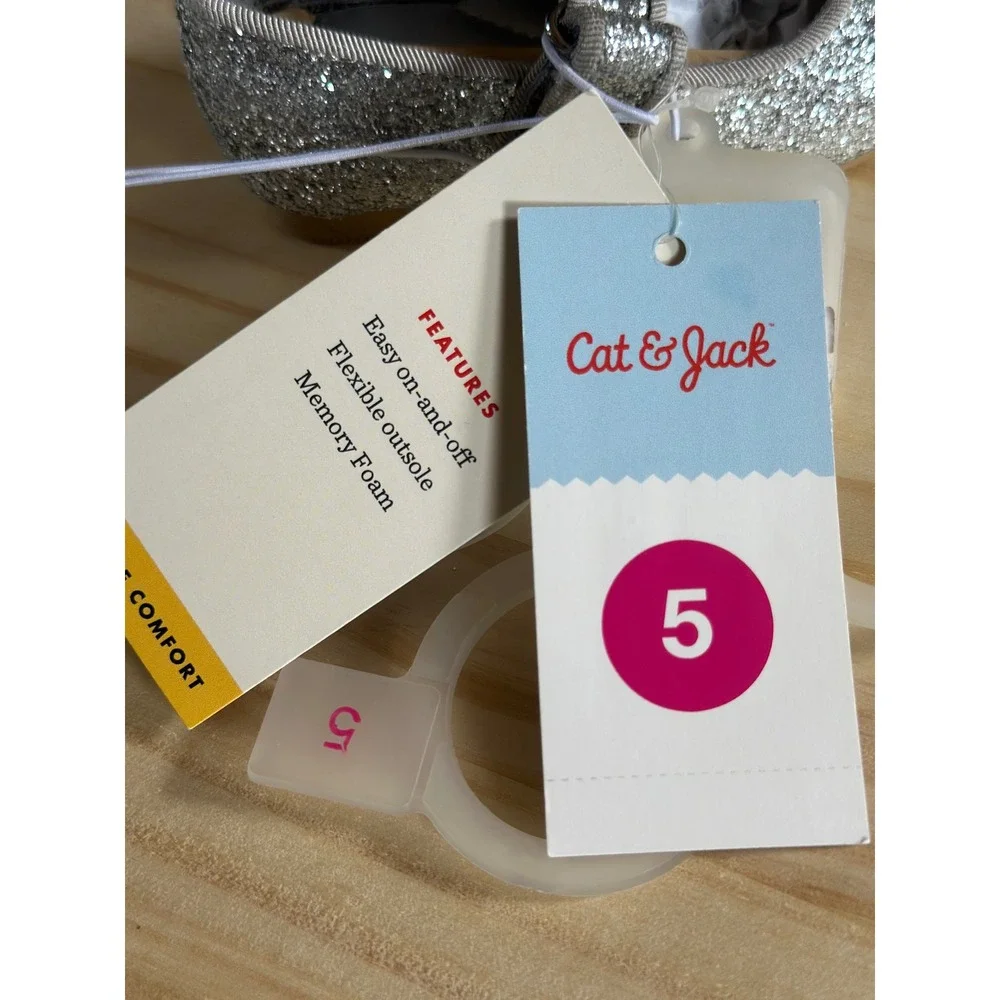 Cat & Jack Toddler Girls Silver Glitter Mary Jane Flats Memory Foam Size 5 NWT